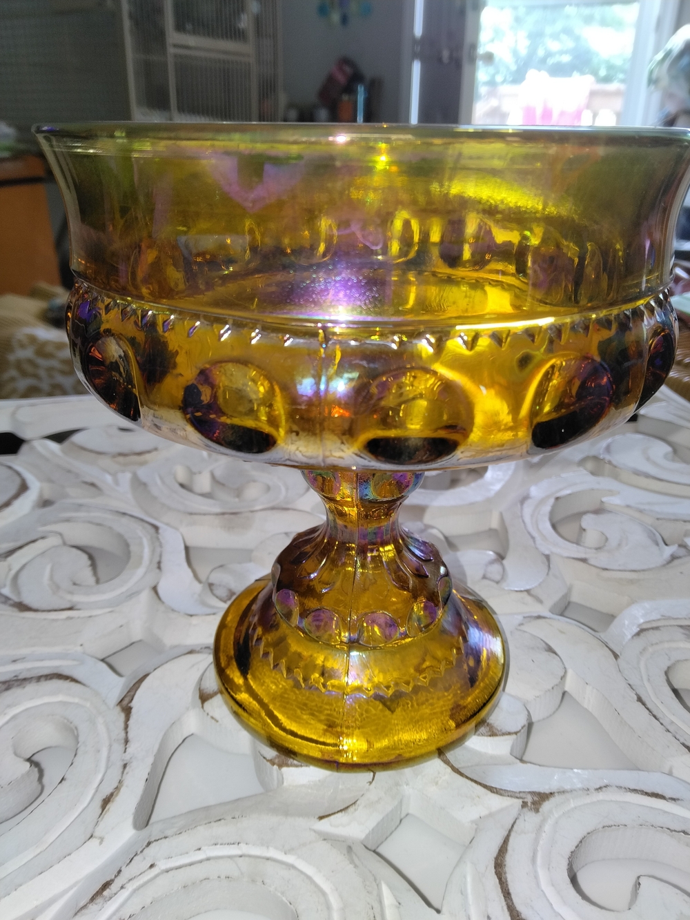Amber Iridescent Glass Compote Bowl - Decorative Home Art